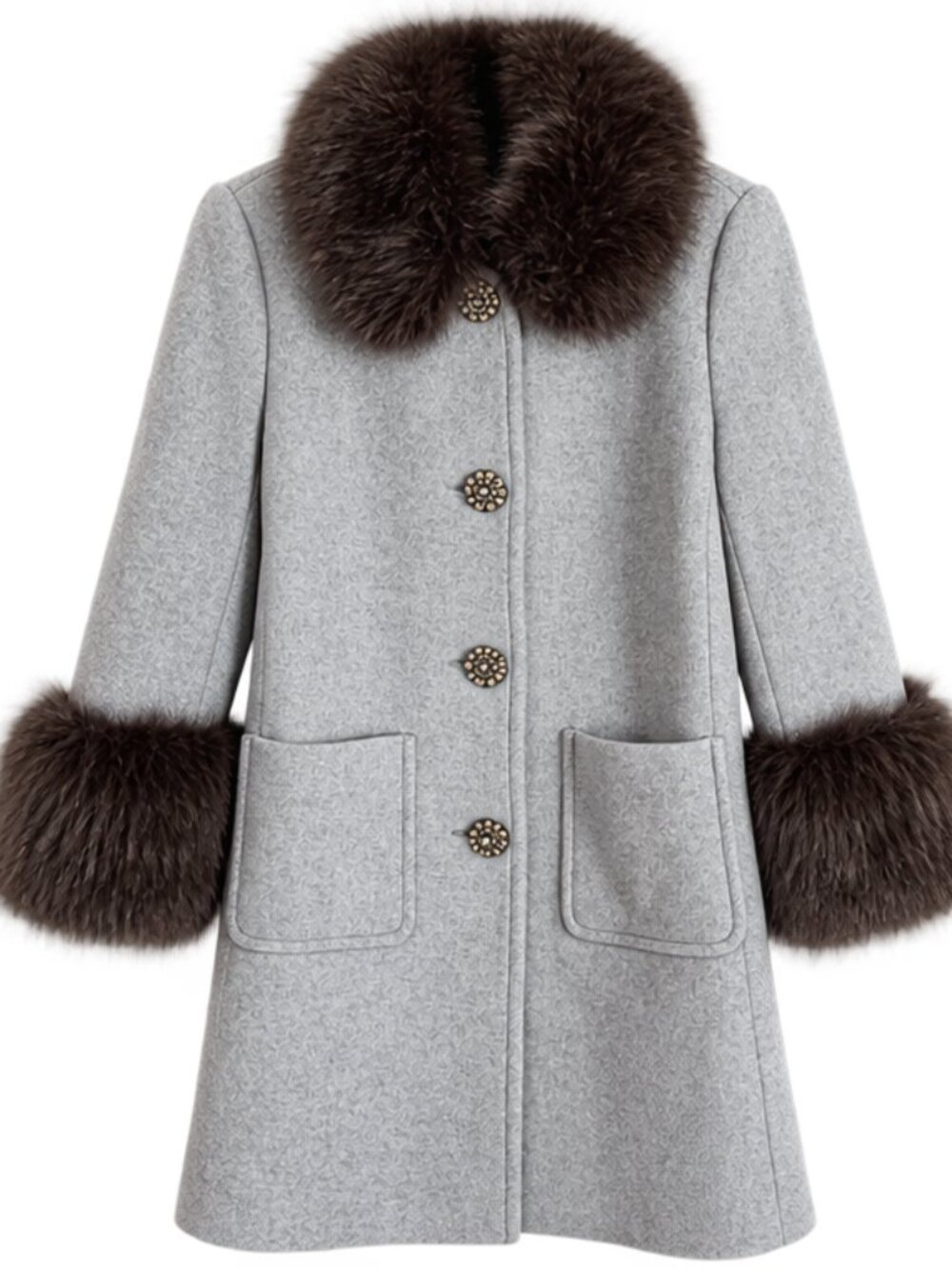 NWT Kate Spade Star Bright Wool Coat Gray Faux Fur Collar Cuffs Size 4
